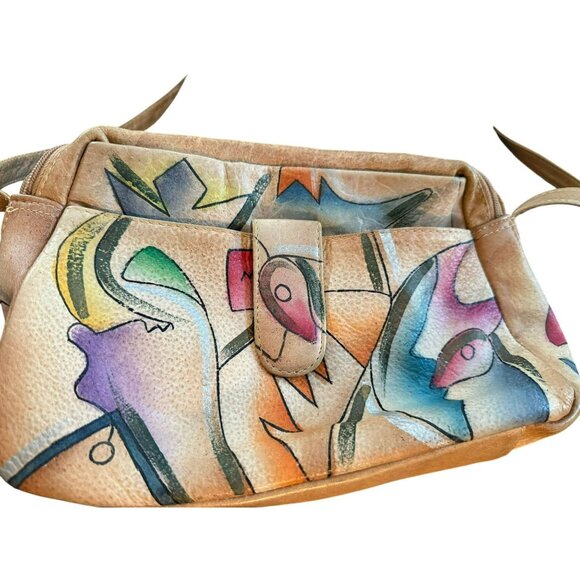 Vintage 80s Handpainted Leather Shoulder Crossbody Bag With Abstract Art Design - Picture 1 of 8